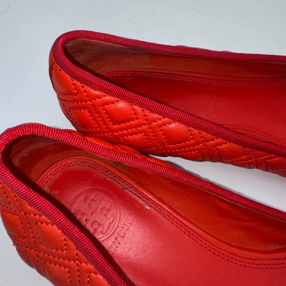Tory Burch Marion Quilted Leather Ballet Flats Samba Red Bow Logo 7M Dress Shoes